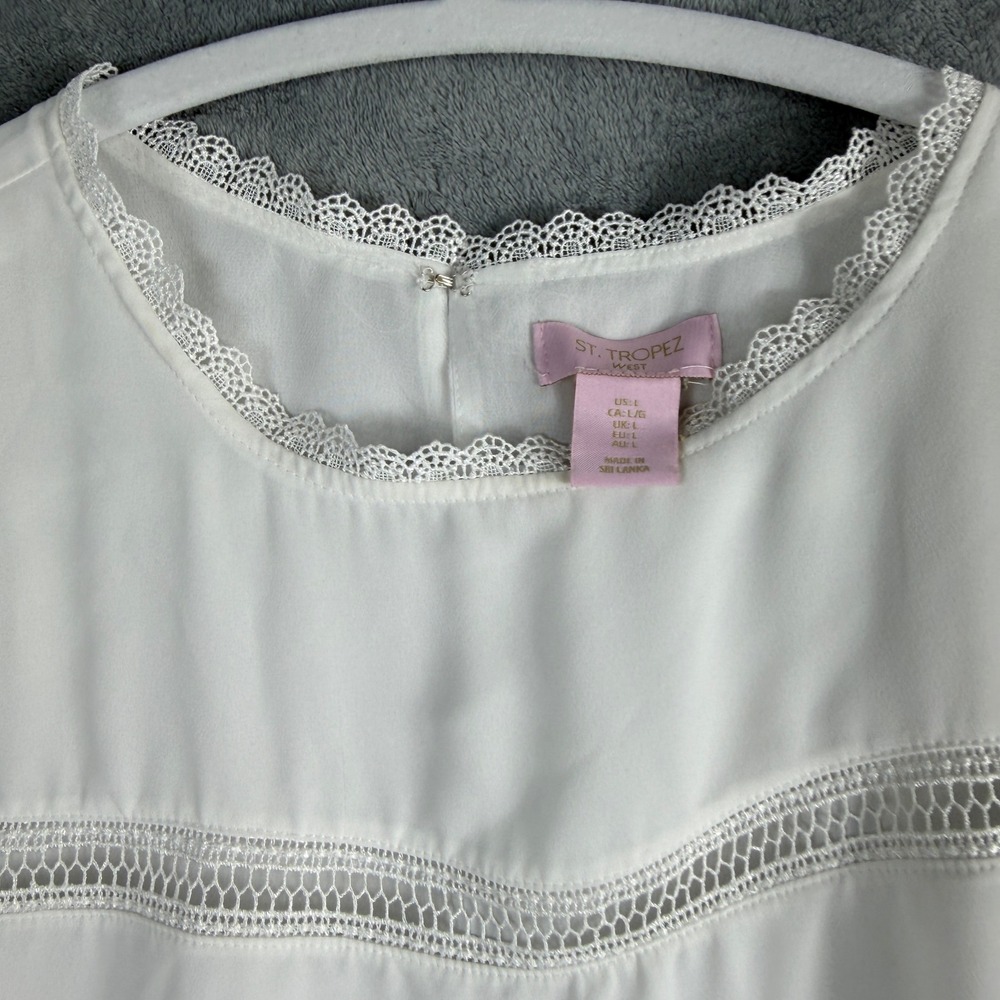 St. Tropez West Womens Large White Blouse Bell Sleeve Lace Trim Boho Top - Picture 3 of 13